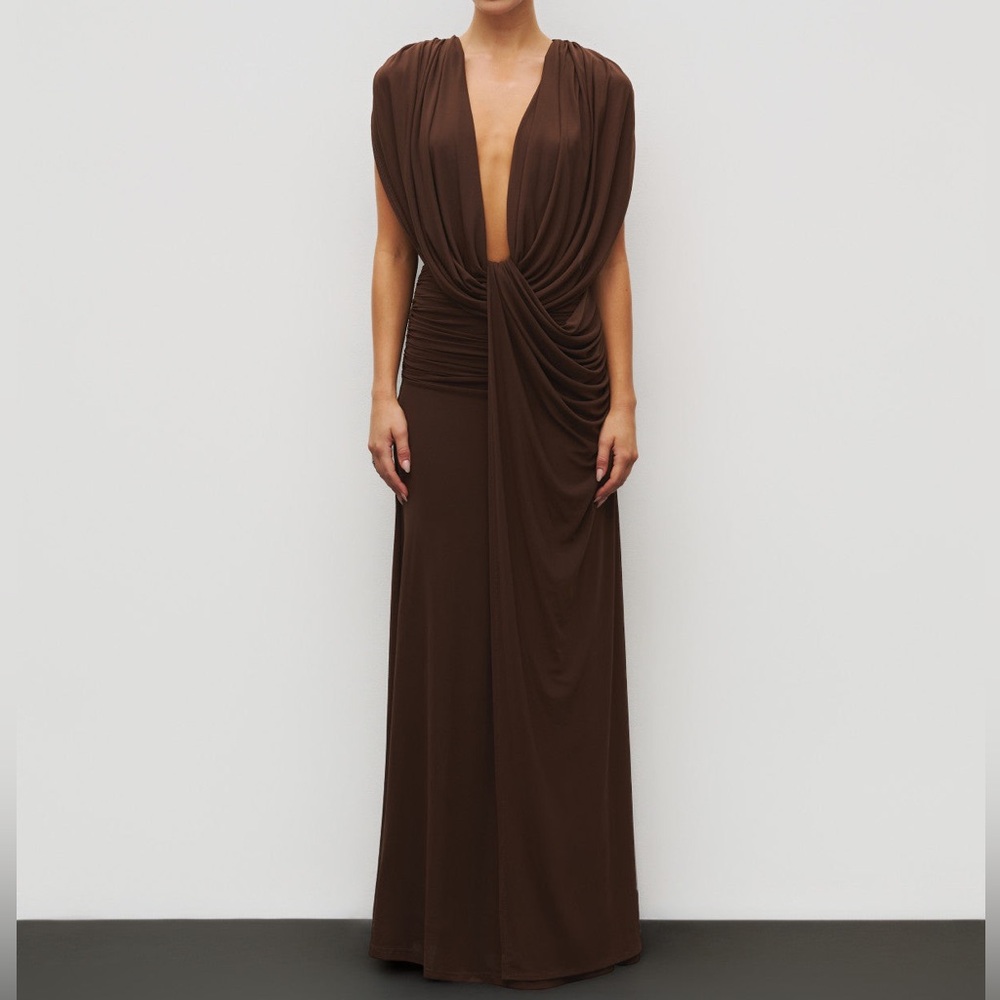 Heiress- NWT The Plunge Drape Gown Chocolate Brown Maxi Dress